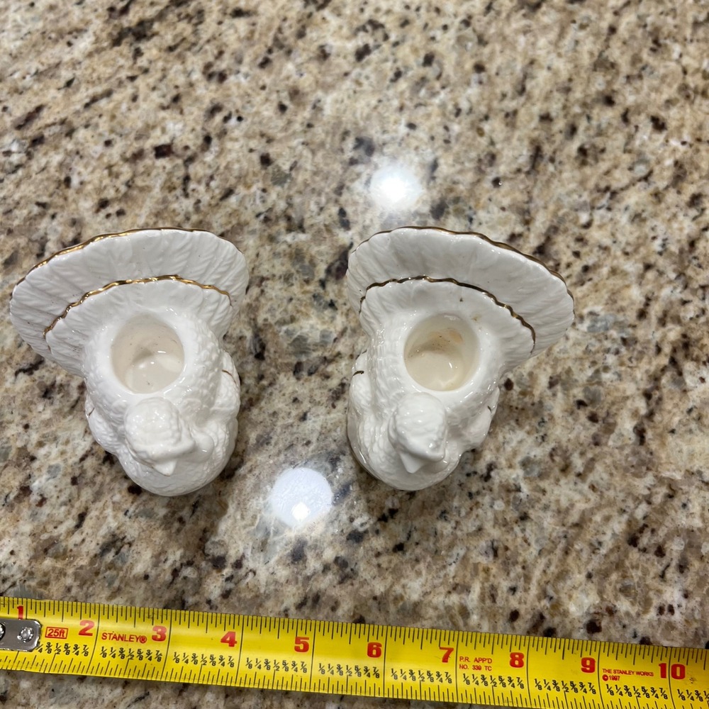 Vintage White Ceramic Turkey Candle Holders Gold Trim Thanksgiving Deco Set of 2 - Picture 3 of 5